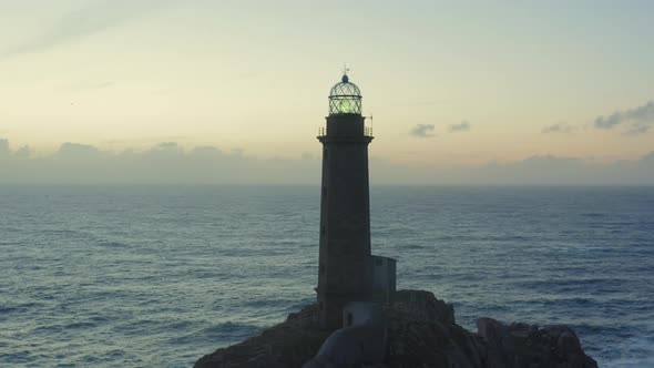 Lighthouse at Sunset in Cape Vilan Galicia Spain Aerial View