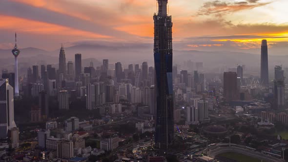 hyperlapse drone panning view of sunrise at Kuala Lumpur alt