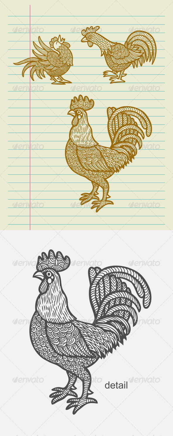 Decorative Rooster Sketches - Patterns Decorative