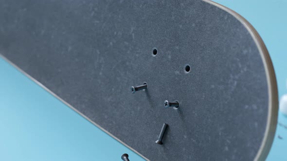 Skateboard assembly process. Elements of the board combining in order. Render 4k alt