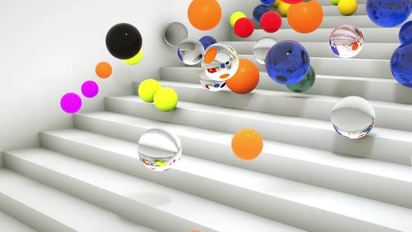 3D animation a lot of colorful balls fall from the white staircase down.