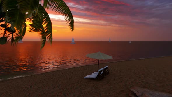 Tropical Beach In Sunset With Beach Chairs And Umbrella