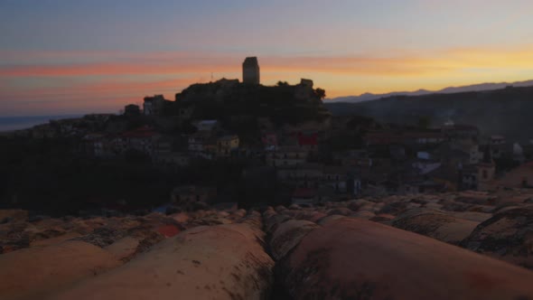 Tower and Medieval Village of Condojanni in Calabria After Sunset alt