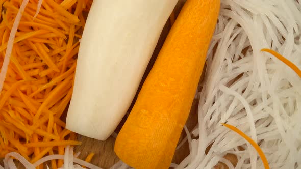 Carrot, daikon radishes, popular ingredients in vegetable salads and snacks