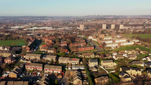 Aerial footage of the town of Pudsey in Leeds in the UK