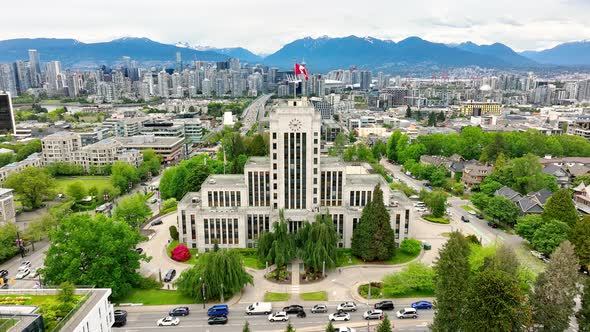 Aerial Panoramic View Of Vancouver City Hall In Vancouver, British Columbia, Canada. Drone Shot alt
