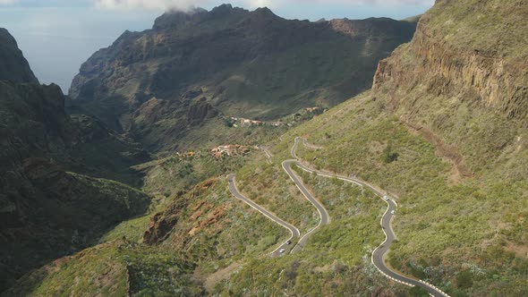 Aerial View of Mountain Road and Town in Masca Valley alt
