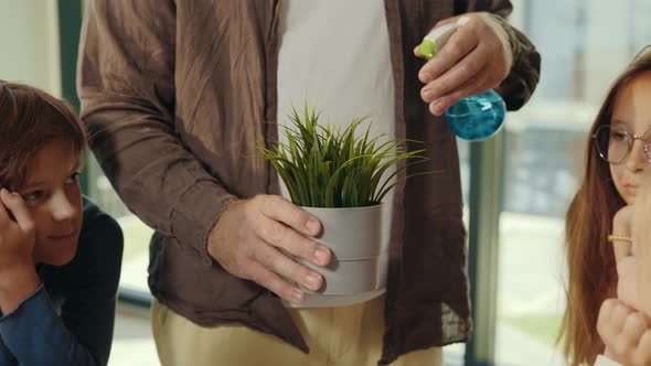 Close View of the Male Teacher Hands Spraying the Plant Showing It to the Pupils alt