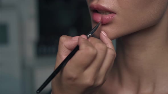 Makeup Artist Work With Lips Closeup