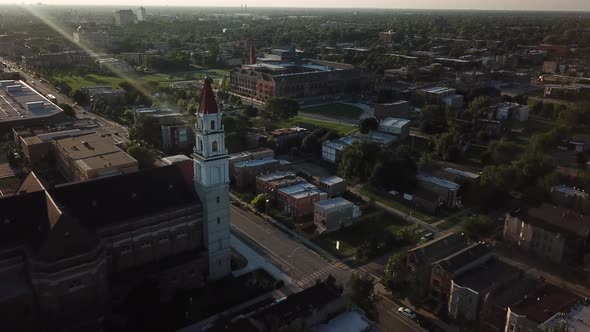 Flyover of Church and Neighborhood West of Chicago