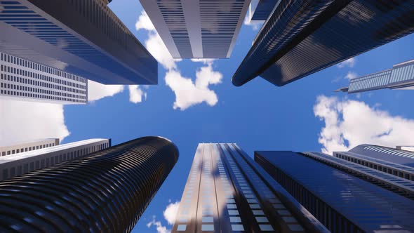 3d render of abstract bright city with skyscrapers. Simple forms of buildings in daylight. alt