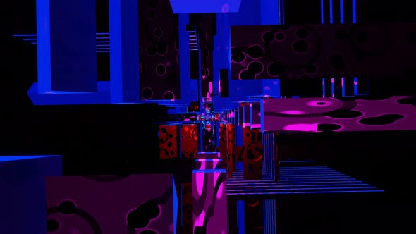 VJ Loop is an Abstract Mystical Tunnel of Blue Rectangles with Red Rings