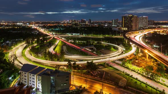 Highway interchange junction and traffic during rush hour in Bangkok