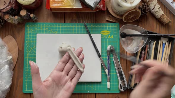 Girl's Hands Sculpt Clay Ears for White Rabbit on Workshop Desktop