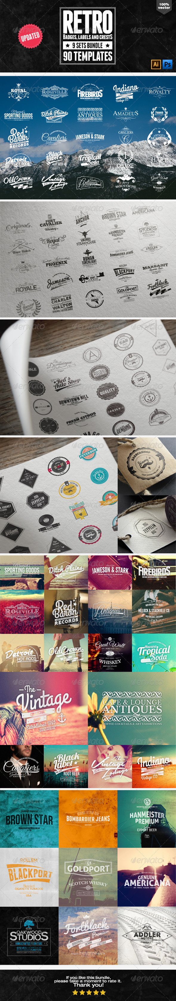 90 Retro Badges, Labels and Crests Bundle - Badges & Stickers Web Elements