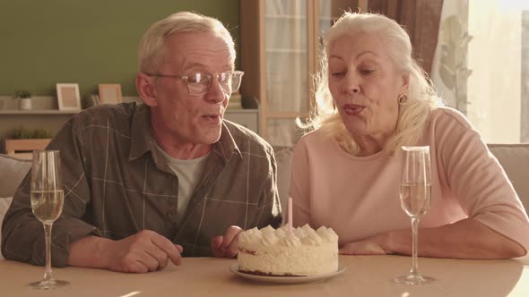 Senior Spouses Blowing out Candle on Cake alt