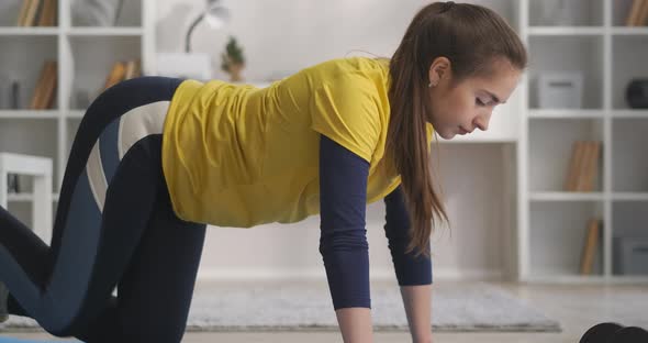 Home Fitness Training of Young Woman Athletic Person Is Leaning By Hands and Knees on Floor and alt