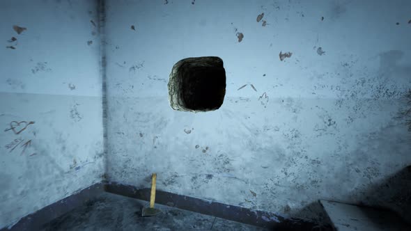 Animation of single old grunge locked prison cell with a hole in the wall. alt