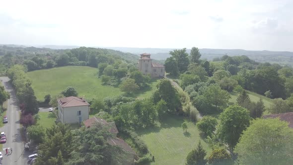 Sarremezan, France. Aerial rural landscape road between green fields Countryside village summer