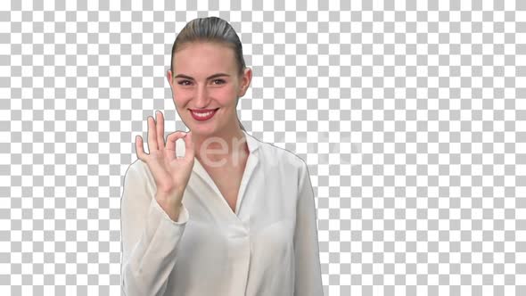 Happy young woman showing OK sign, Alpha Channel