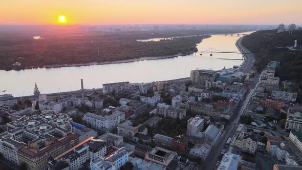 Historical District of Kyiv - Podil in the Morning at Dawn, Ukraine, Aerial View alt