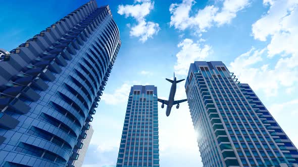 Business Airliner Flies Over The Roof Of Office Building