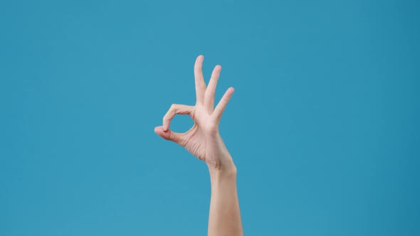 Young woman hand showing ok sign with fingers isolated over blue background in studio.