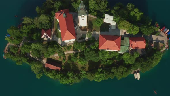 Rooftops of Catholic Church on Small Island of Bled Lake alt