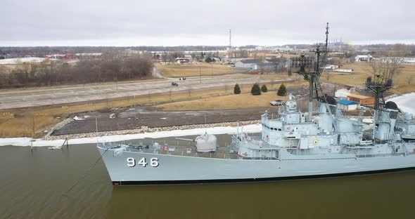 USS Edson Navy Destroyer decommissioned in Bay City Michigan with drone shoting sideways. alt