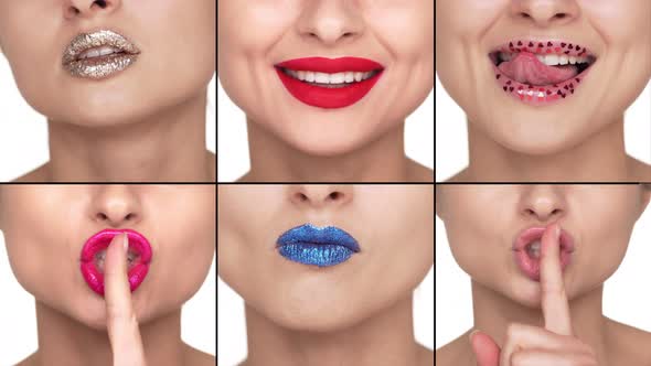 Split Collage Closeup Women Lips with Colourful Lipstick Smiling Flirty Glamour Appearance