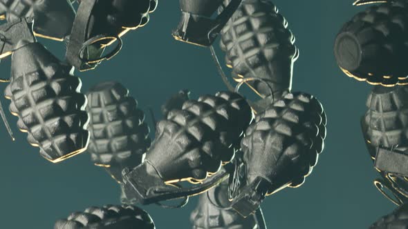 Endless loop animation with falling pineapple grenades on dark green background. alt