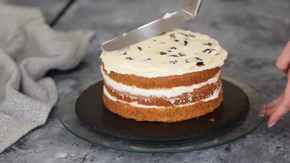 Pastry Chef Makes a Layered Cake with Prune and Whipping Cream