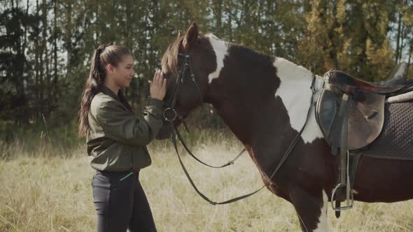 Young Beautiful Female Rider Strokes Gives Rest Eat Fresh Grass To Her Favorite Mare After Difficult alt