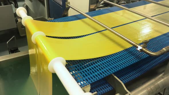 many types of high quality pasta been produced at a large modern pasta factory. alt