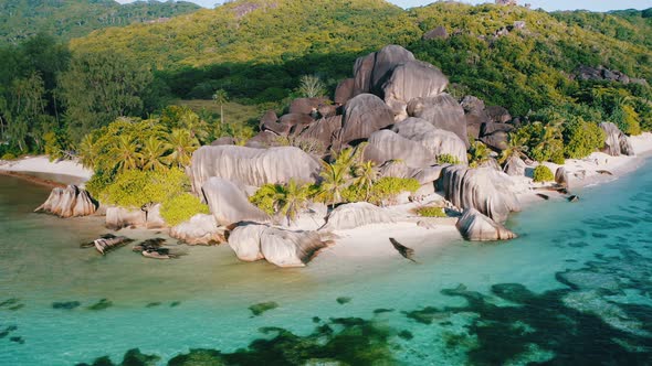 Aerial Drone Footage of the Well Known Beautiful Anse Source D'argent Beach on La Digue Island alt