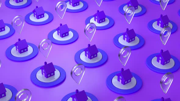 Houses and locations pin on a violet purple isometric background alt