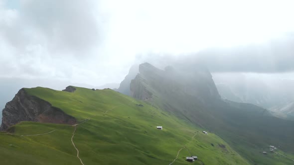Drone Flying Forward to Geisler Mountain Group in Dolomites, Italy