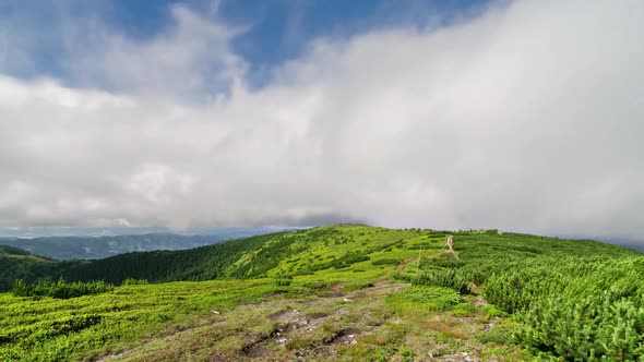 Clouds Motion over Green Carpathian Mountain Nature alt