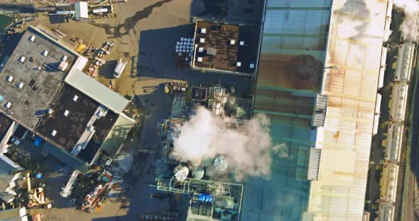 Aerial top view system chemical industry with of detail of a heavy tanks alt