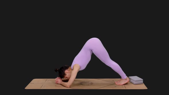 Young Sporty Female Doing Downward Facing Dog Pose while Practicing Yoga, Alpha in