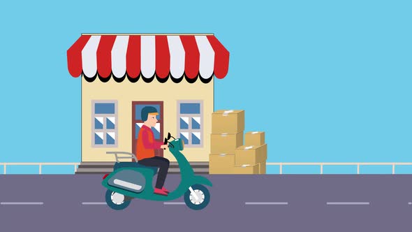Delivery man taking a package from front of a shop 4K animation
