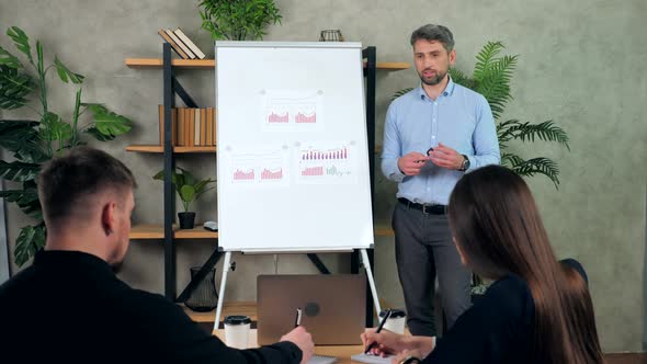 Businessman tells reports to investors owner CEO on annual financial performance alt