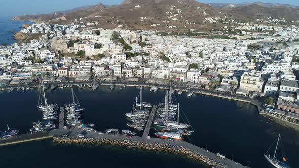 Village of Chora on the island of Naxos in the Cyclades in Greece from the sky alt