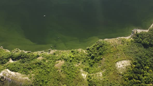 Scenic aerial view of the river and green fields in countryside. Ukrainian Bakota. Bay. Drone. Ecolo