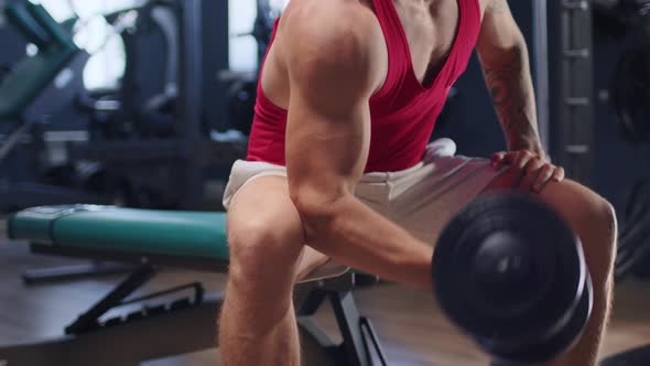 Close Up of Unrecognizable Man Exercise with Dumbbell on Bench in a Gym