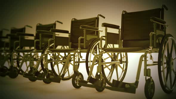 Endless animation of manual wheelchairs stacked one near another. Loopable. HD alt