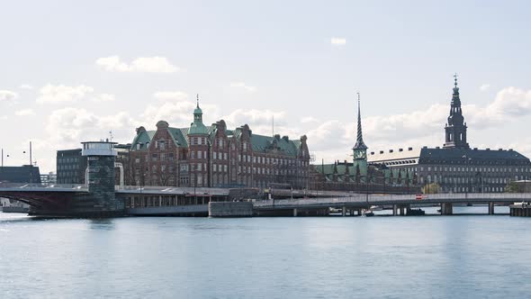 Copenhagen, Denmark, Timelapse - The Borsen and the Miljoministeriet Departementet building