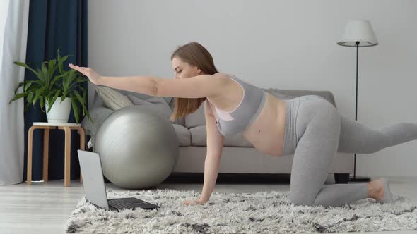 Pregnant Woman in Sportswear Doing Exercises at Home in the Living Room alt