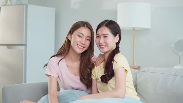 Portrait Of Asian Beautiful Lesbian Woman Couple Smile Look At Camera Homosexual Lgbtq Concept