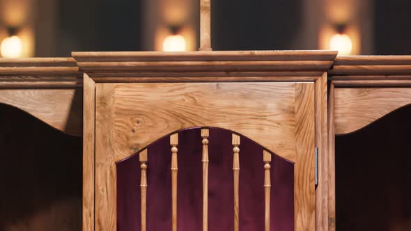 Christian chapel with confessional. Place in the church to confess sins. Mercy. alt